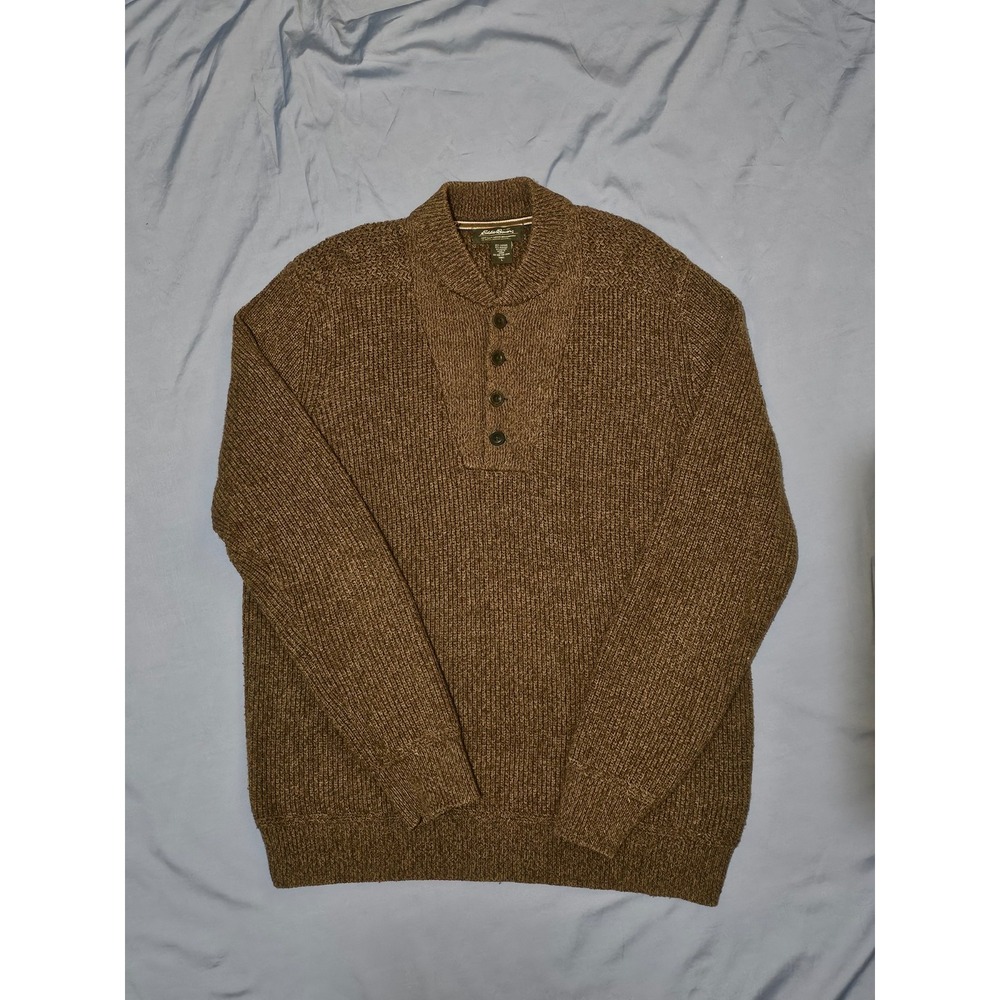 Eddie Bauer Sweater Brown 1/4‎ Metal Button Army Style Sweater Heavy Pullover